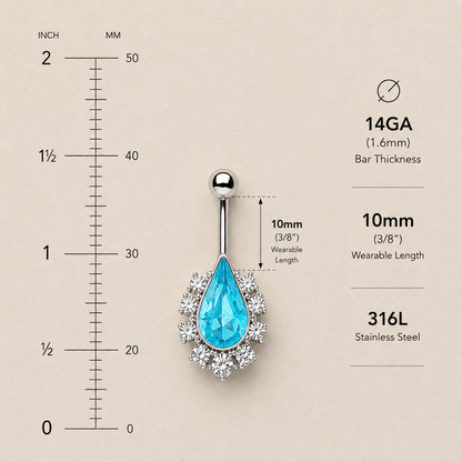 Aqua teardrop CZ navel ring size chart, 14GA 1.6mm bar thickness 10mm bar length, 9x13mm aqua CZ 316L stainless steel measurements