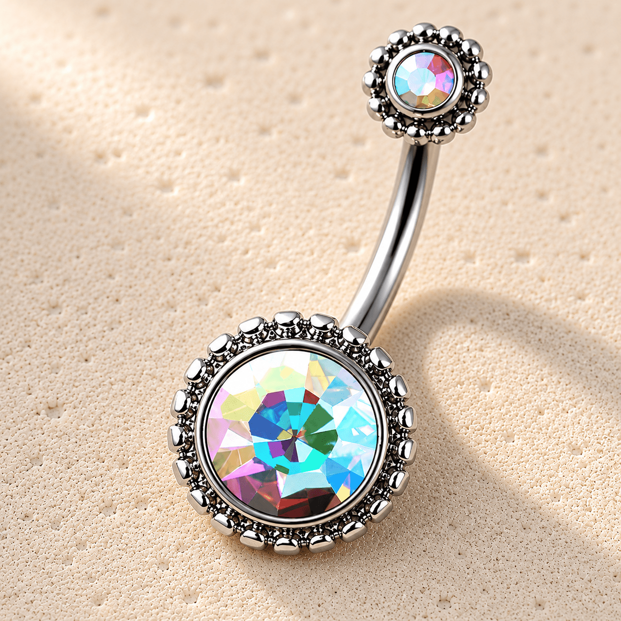 Close up of aurora borealis CZ gems with decorative dots on navel ring, rainbow iridescent shimmer detail