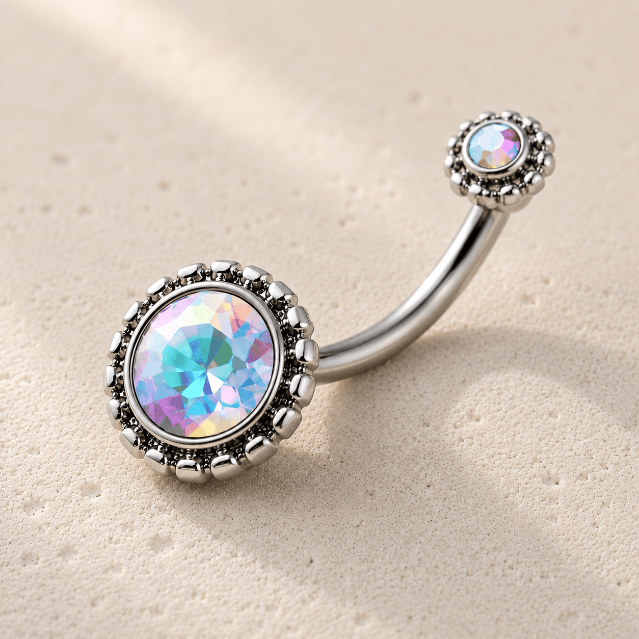 Side view of aurora borealis navel ring, 14G externally threaded 316L stainless steel, 9.5mm bottom design