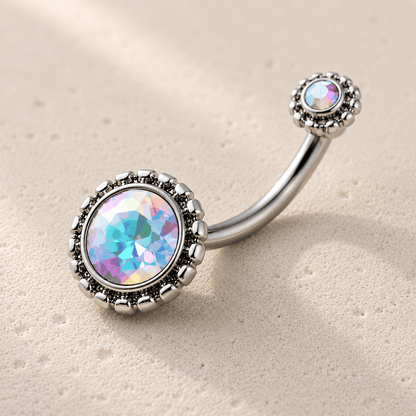 Side view of aurora borealis navel ring, 14G externally threaded 316L stainless steel, 9.5mm bottom design