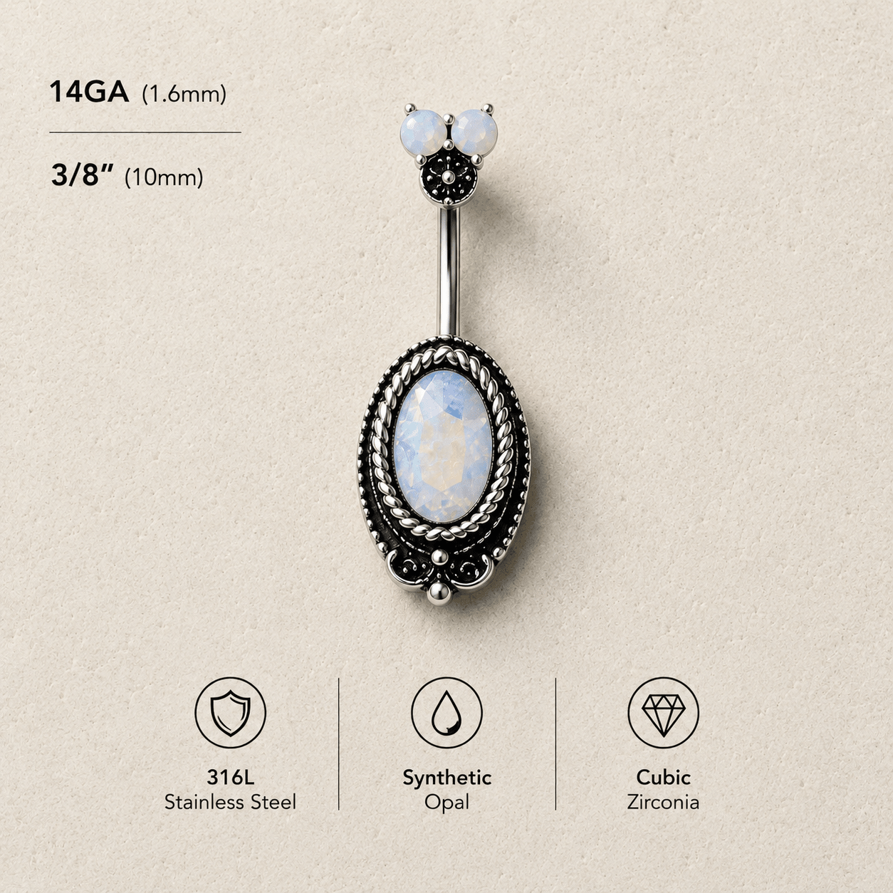 Aurora Borealis CZ Navel Ring Opal Fan Top 14G Antique Black