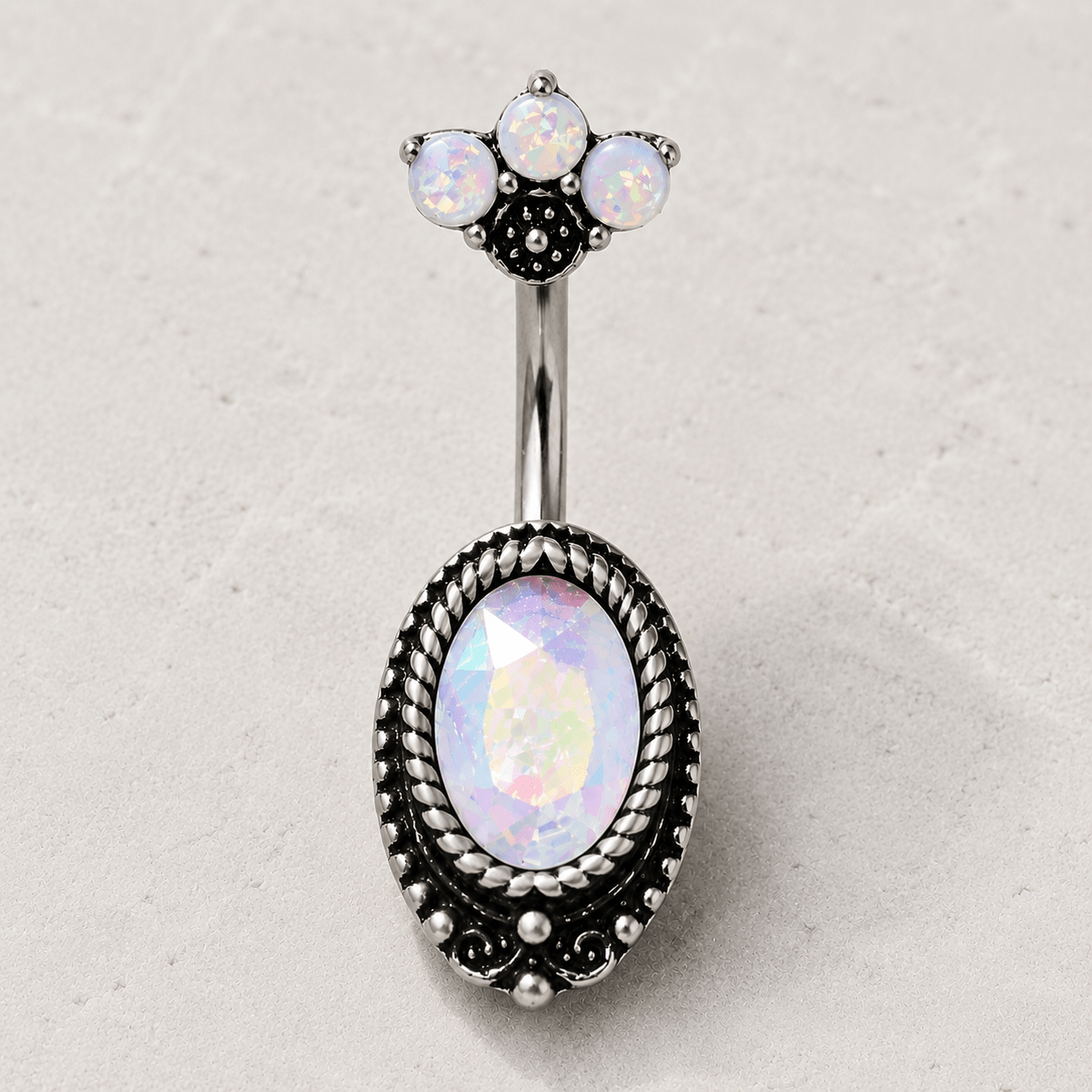 Aurora Borealis CZ Navel Ring Opal Fan Top 14G Antique Black