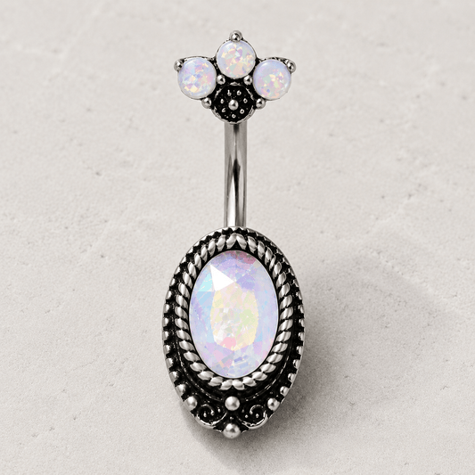 Aurora Borealis CZ Navel Ring Opal Fan Top 14G Antique Black
