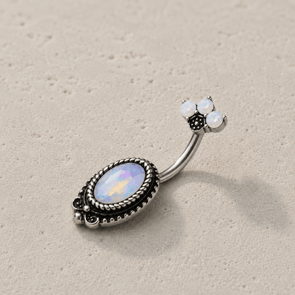 Aurora Borealis CZ Navel Ring Opal Fan Top 14G Antique Black
