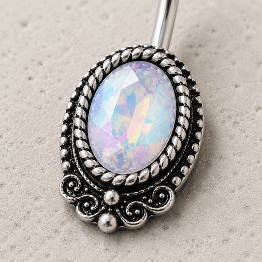 Aurora Borealis CZ Navel Ring Opal Fan Top 14G Antique Black
