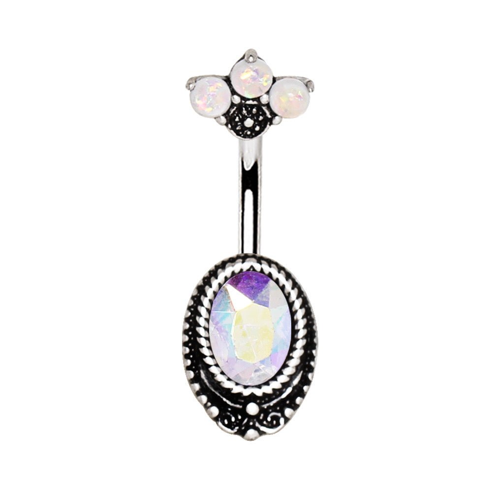 Aurora Borealis CZ Navel Ring Opal Fan Top 14G Antique Black