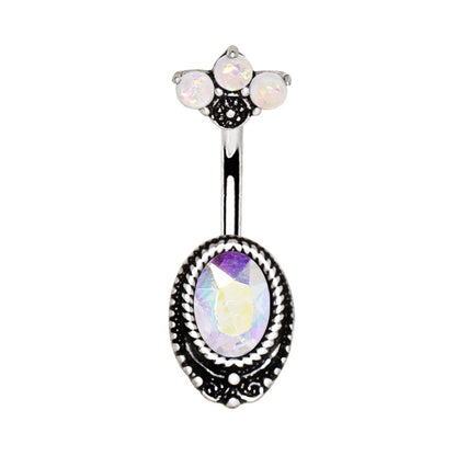 Aurora Borealis CZ Navel Ring Opal Fan Top 14G Antique Black