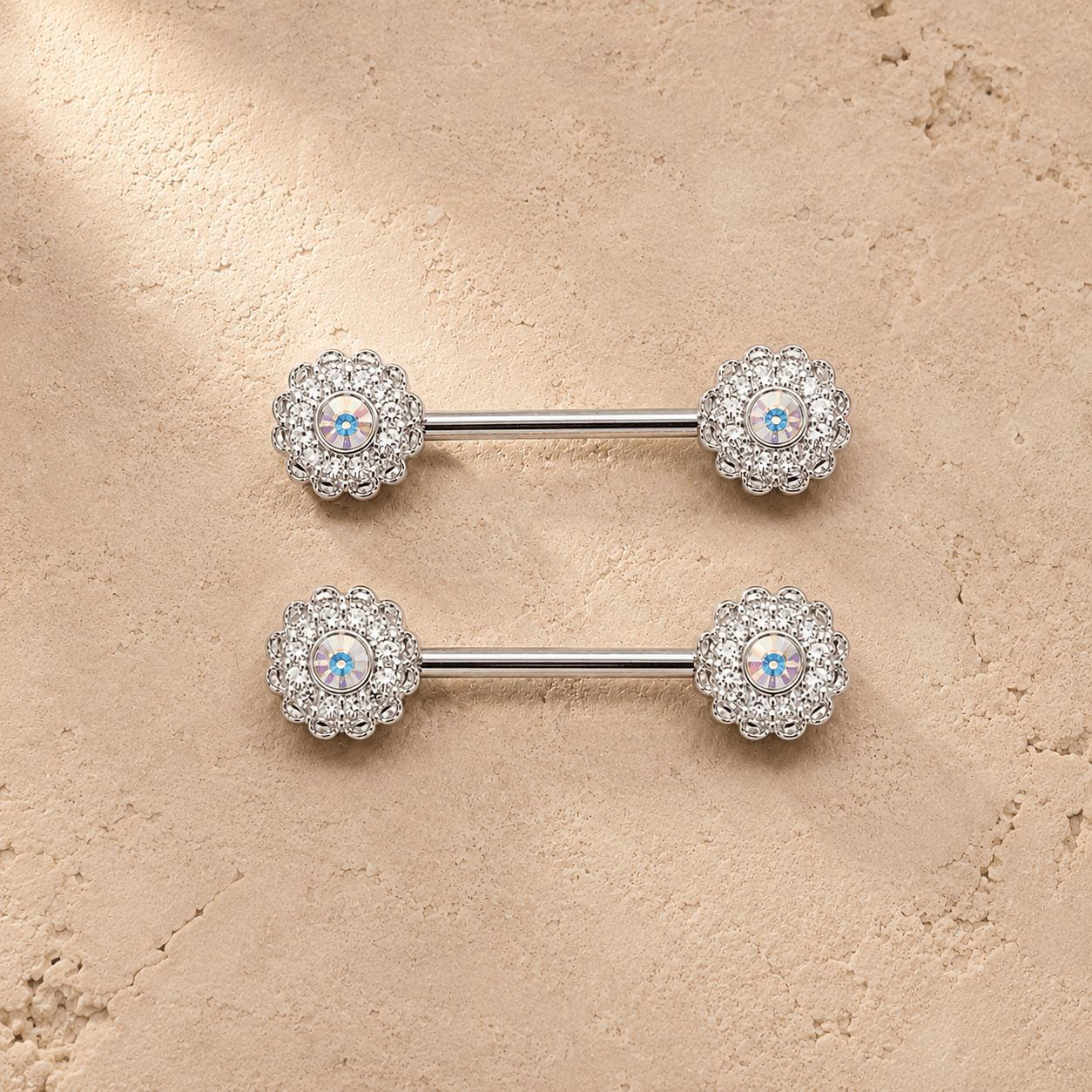Aurora flower cluster nipple bar 14G pair, cluster texture aurora borealis CZ 316L stainless steel