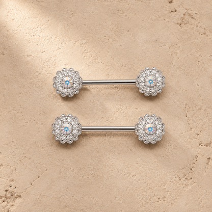 Aurora flower cluster nipple bar 14G pair, cluster texture aurora borealis CZ 316L stainless steel