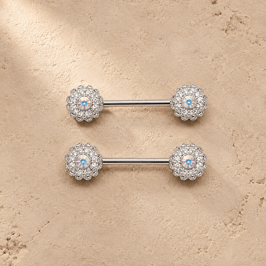 Aurora flower cluster nipple bar 14G pair, cluster texture aurora borealis CZ 316L stainless steel