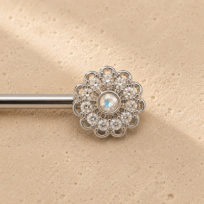 Close up of cluster texture flower and aurora borealis CZ center on nipple bar detail
