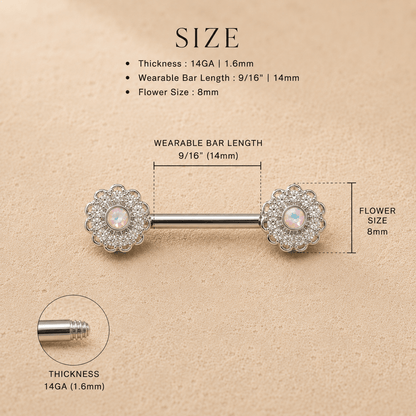Aurora flower cluster nipple bar size chart, 14GA 1.6mm thickness 14mm wearable length 8mm flower