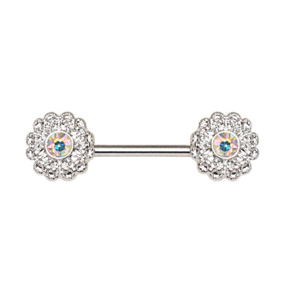 Styled flat lay of aurora flower cluster nipple bar pair, textured iridescent floral body jewelry
