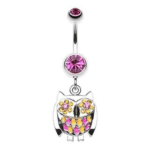 Baby Owl Sparkle Belly Button Ring Navel Ring Impulse Piercings 14 gauge (1.6mm) Fuchsia