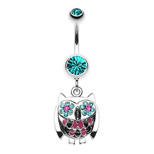 Baby Owl Sparkle Belly Button Ring Navel Ring Impulse Piercings 14 gauge (1.6mm) Teal