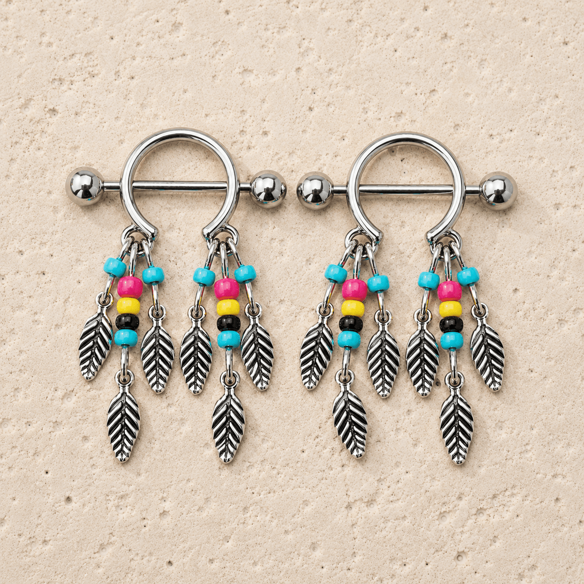 Beaded feather dream catcher nipple shield 14G pair, multi-colored beads 316L stainless steel