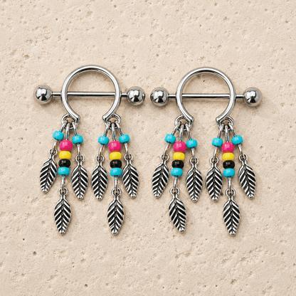 Beaded feather dream catcher nipple shield 14G pair, multi-colored beads 316L stainless steel