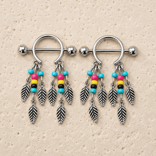 Beaded feather dream catcher nipple shield 14G pair, multi-colored beads 316L stainless steel