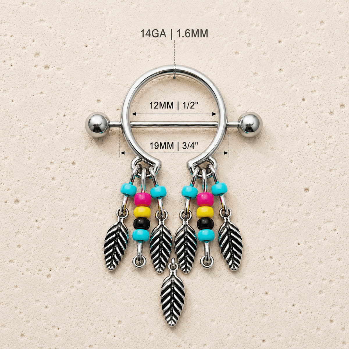 Dream catcher nipple shield size chart, 14GA 1.6mm thickness 19mm bar 12mm wearable size