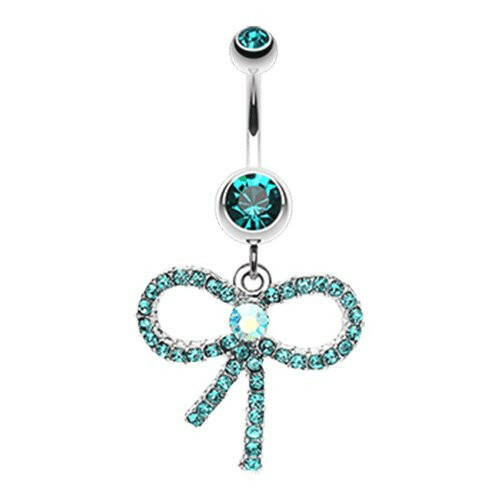 Bedazzle Bow-Tie Ribbon Dangle Belly Button Ring Navel Ring Impulse Piercings Teal