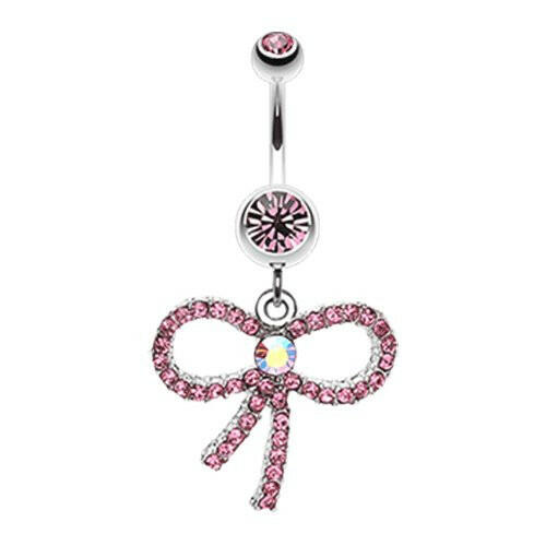 Bedazzle Bow-Tie Ribbon Dangle Belly Button Ring Navel Ring Impulse Piercings Light Pink