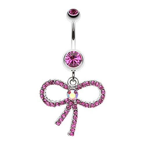 Bedazzle Bow-Tie Ribbon Dangle Belly Button Ring Navel Ring Impulse Piercings Fuchsia