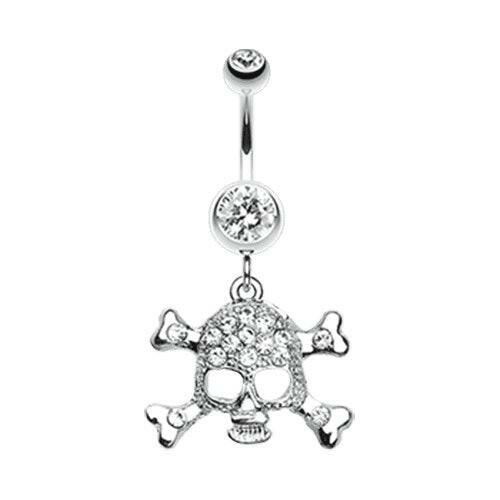 Bedazzled Skull & Cross Bones Belly Button Ring Navel Ring Impulse Piercings Clear