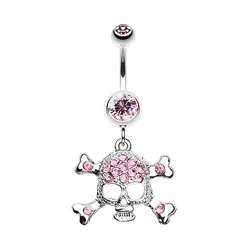 Bedazzled Skull & Cross Bones Belly Button Ring Navel Ring Impulse Piercings Light Pink