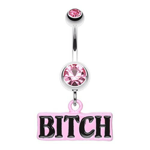 BITCH' Engraved Belly Button Ring Navel Ring Impulse Piercings Light Pink