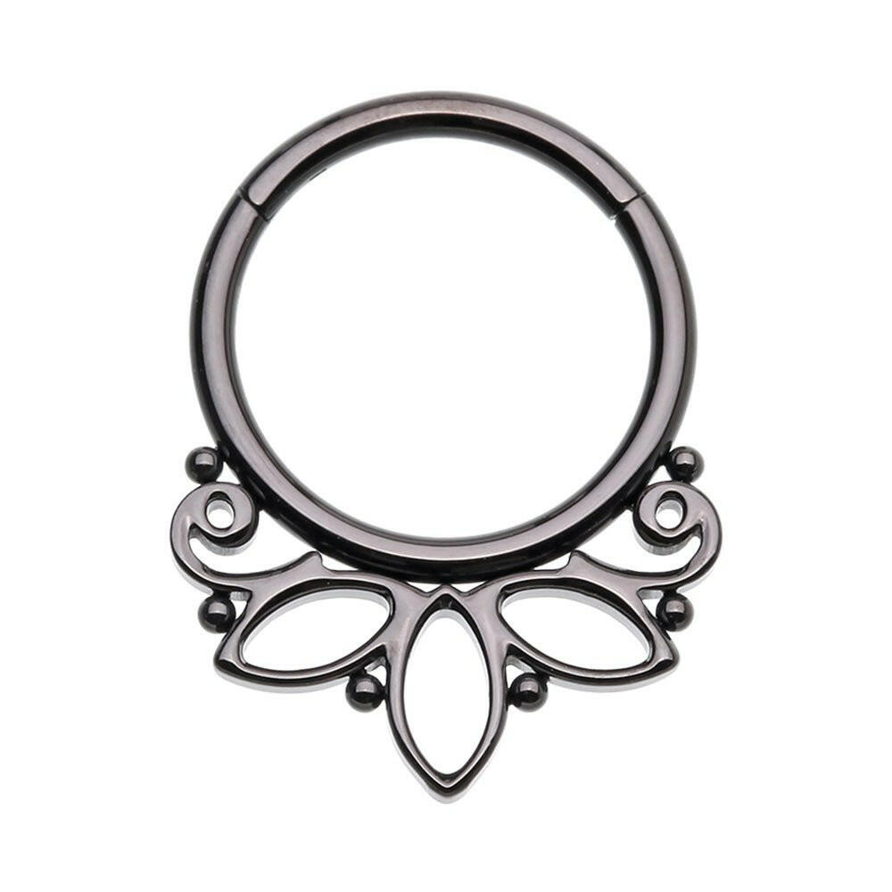 Black Lotus Outline Steel Seamless Hinged Clicker Ring Impulse Piercings 16 GA (1.2mm) / 8mm