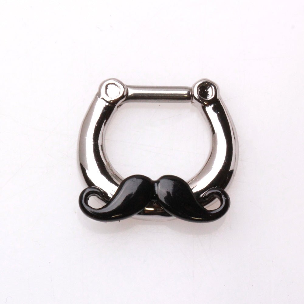 Black mustache septum clicker on white background, PVD black plated, 316L surgical steel quirky nose ring
