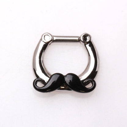 Black mustache septum clicker on white background, PVD black plated, 316L surgical steel quirky nose ring
