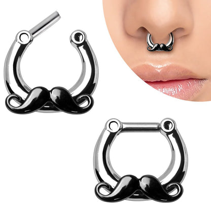 Model wearing black mustache septum clicker, quirky PVD black plated fun septum ring, 316L surgical steel
