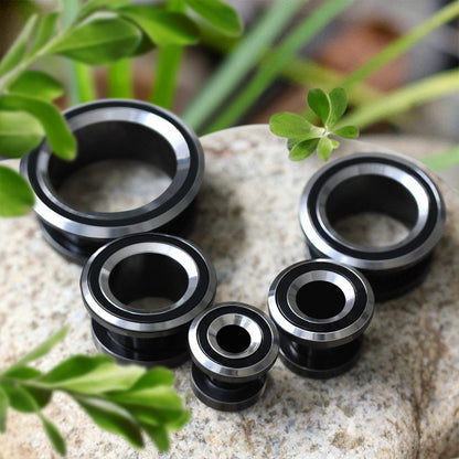 Black Steel Two Tone Screw Fit Tunnel Plug Pair