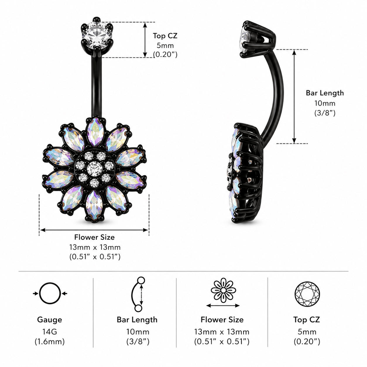 Belly button ring with floral design and measurements on a white background