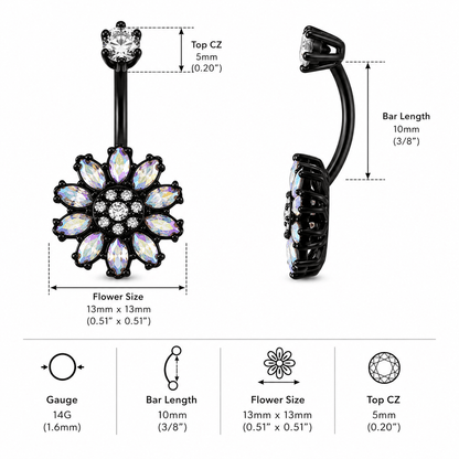 Belly button ring with floral design and measurements on a white background