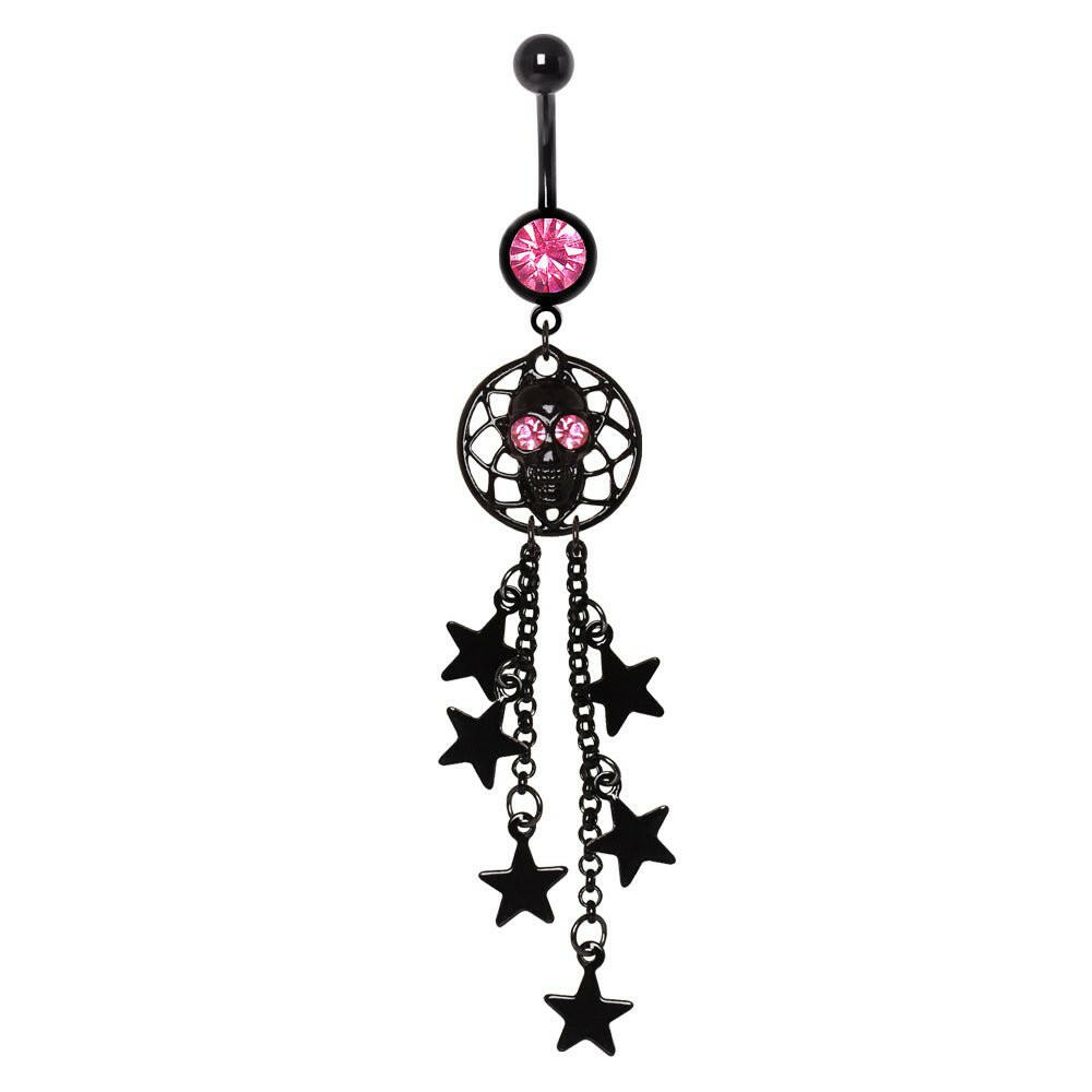 Black PVD Plated Alien Skull and Stars Dangle Navel Ring Navel Ring Impulse Piercings