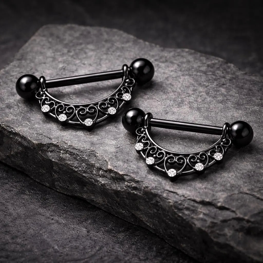 Black PVD Plated Crescent Moon Nipple Shield Nipple Ring Skin Metals
