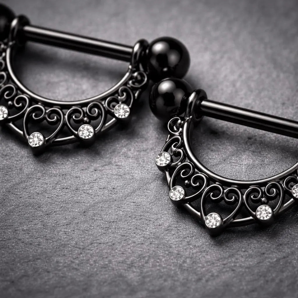 Black PVD Plated Crescent Moon Nipple Shield Nipple Ring Skin Metals