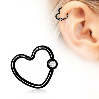 Black PVD Plated Heart Captive Bead Ring with Clear CZ Cartilage Impulse Piercings 5/16"