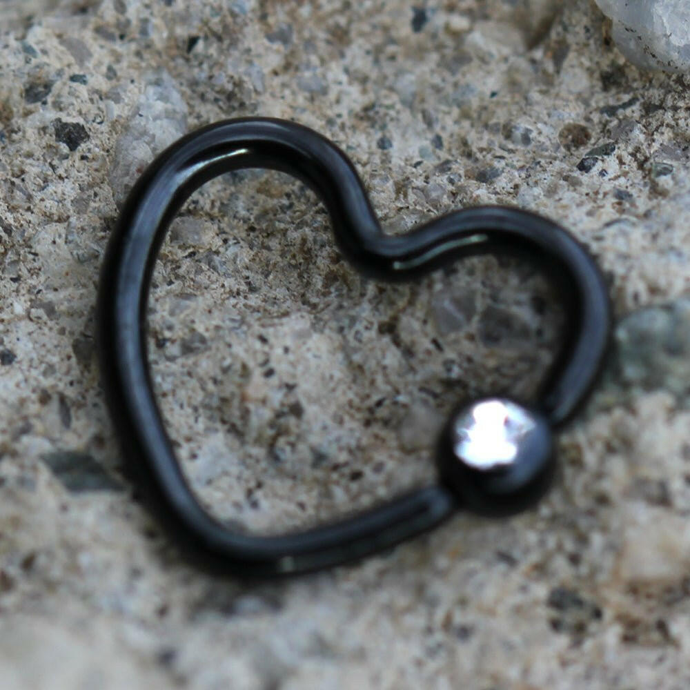 Black PVD Plated Heart Captive Bead Ring with Clear CZ Cartilage Impulse Piercings