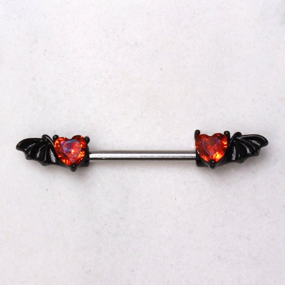 Black PVD Plated Red Heart Bat Wing Nipple Bar