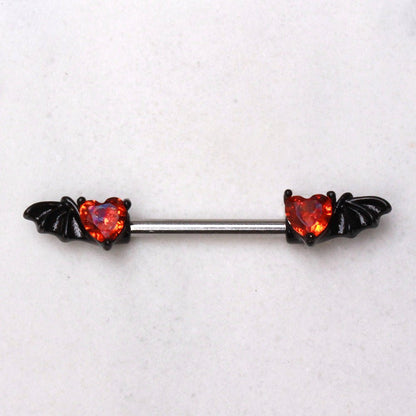 Black PVD Plated Red Heart Bat Wing Nipple Bar