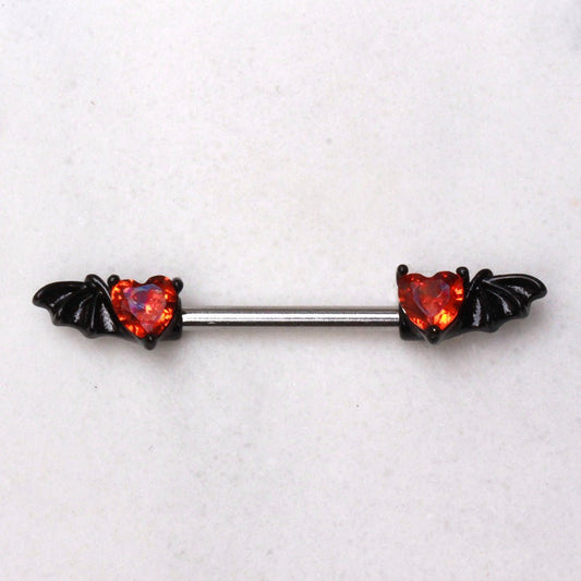 Black PVD Plated Red Heart Bat Wing Nipple Bar Nipple Ring Skin Metals