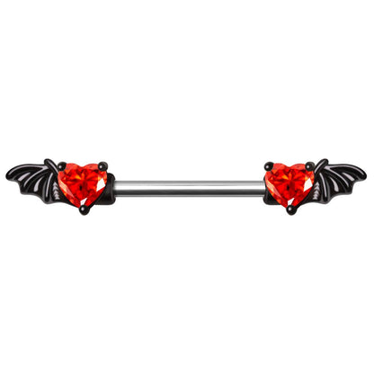 Black PVD Plated Red Heart Bat Wing Nipple Bar