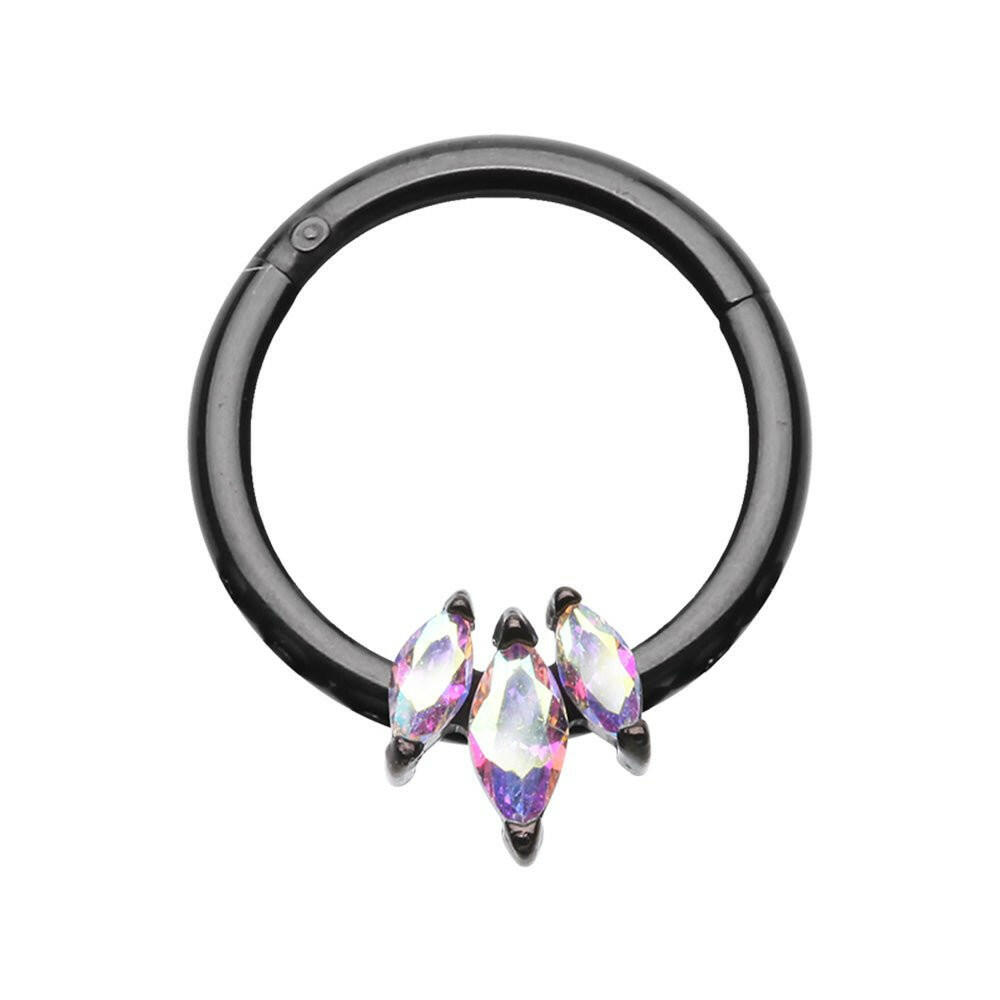 Black Triple Gem Marquis Steel Seamless Hinged Clicker Ring Septum Ring Impulse Piercings