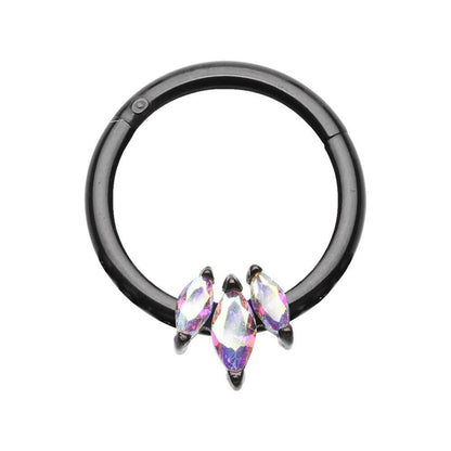 Black Triple Gem Marquis Steel Seamless Hinged Clicker Ring Septum Ring Impulse Piercings