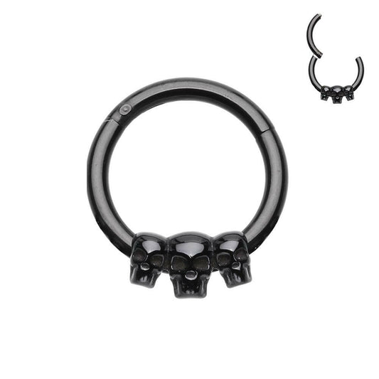 Black Triple Skull Steel Seamless Hinged Clicker Ring Captive Bead Impulse Piercings