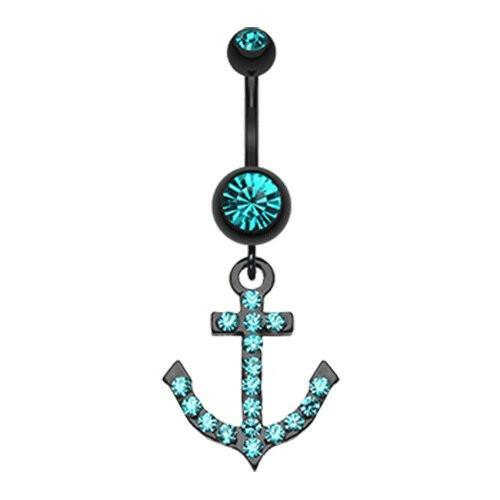 Blackline Anchor Gem Sparkle Belly Button Ring Navel Ring Impulse Piercings Teal