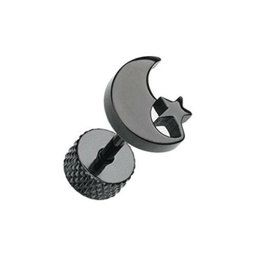 Blackline Crescent Moon & Star Steel Fake Plug Earrings Fake Plug Earrings Impulse Piercings 16 GA (1.2mm) Black